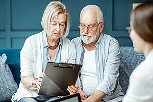 elderly couple looking trough their Income Replacement Ratio options