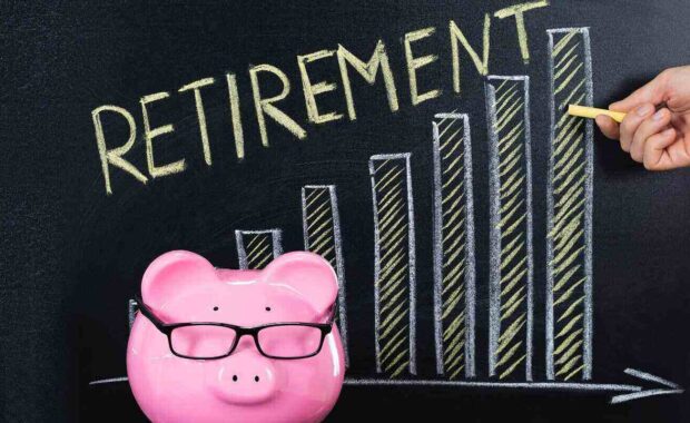 retirement savings with pink piggy bank and growth chart in the background