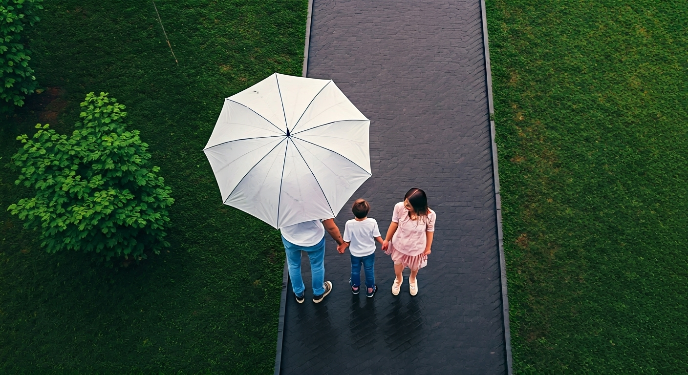 Family under umbrella in park