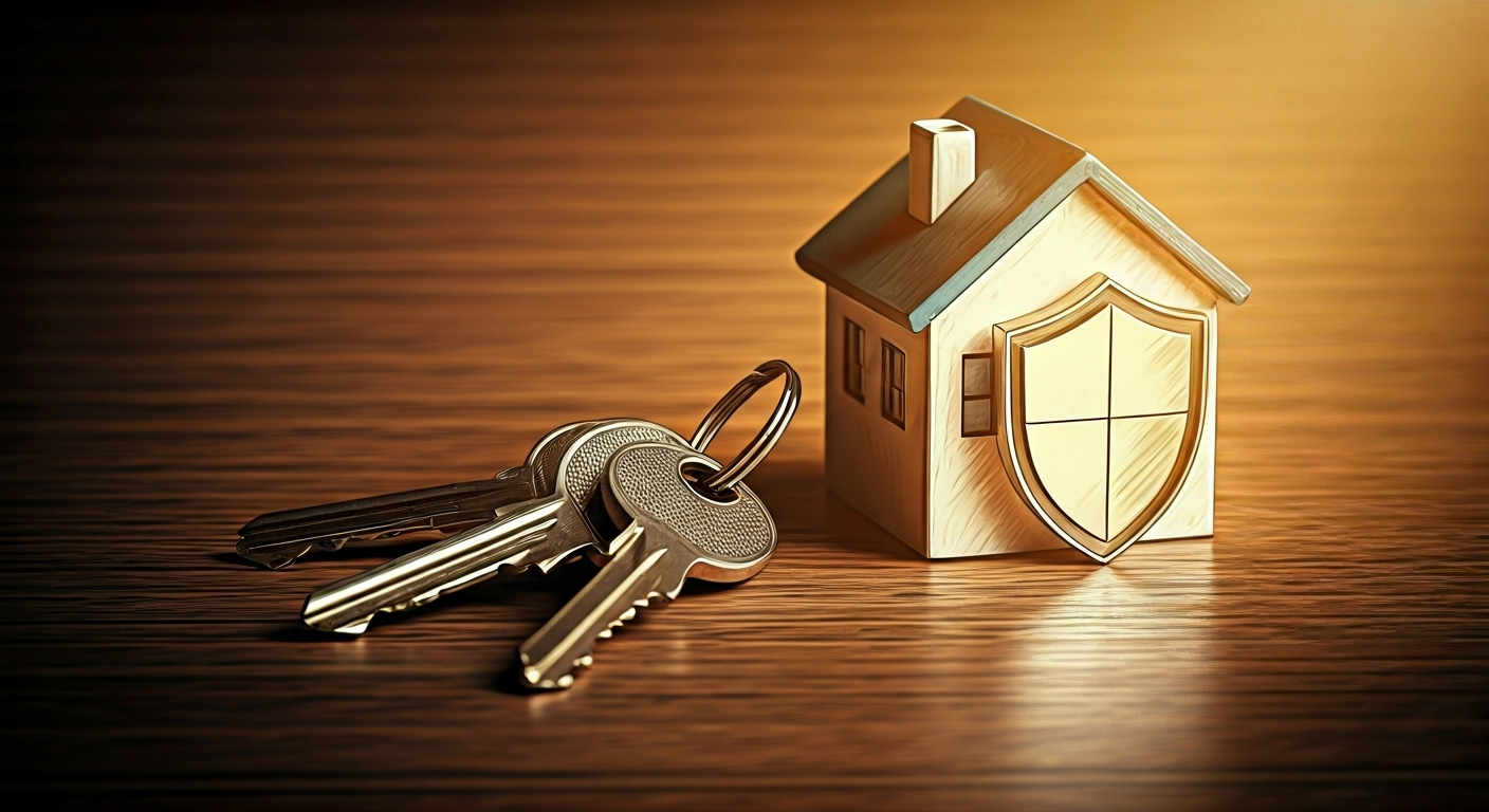 Keys, house and insurance shield on table