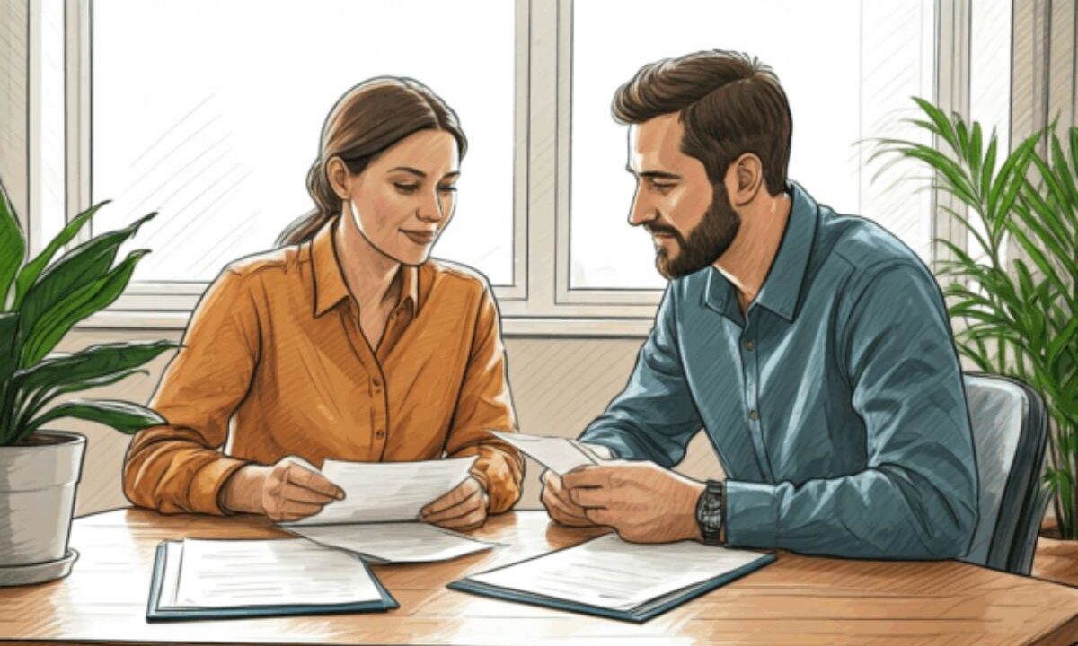 sketch of couple reviewing insurance