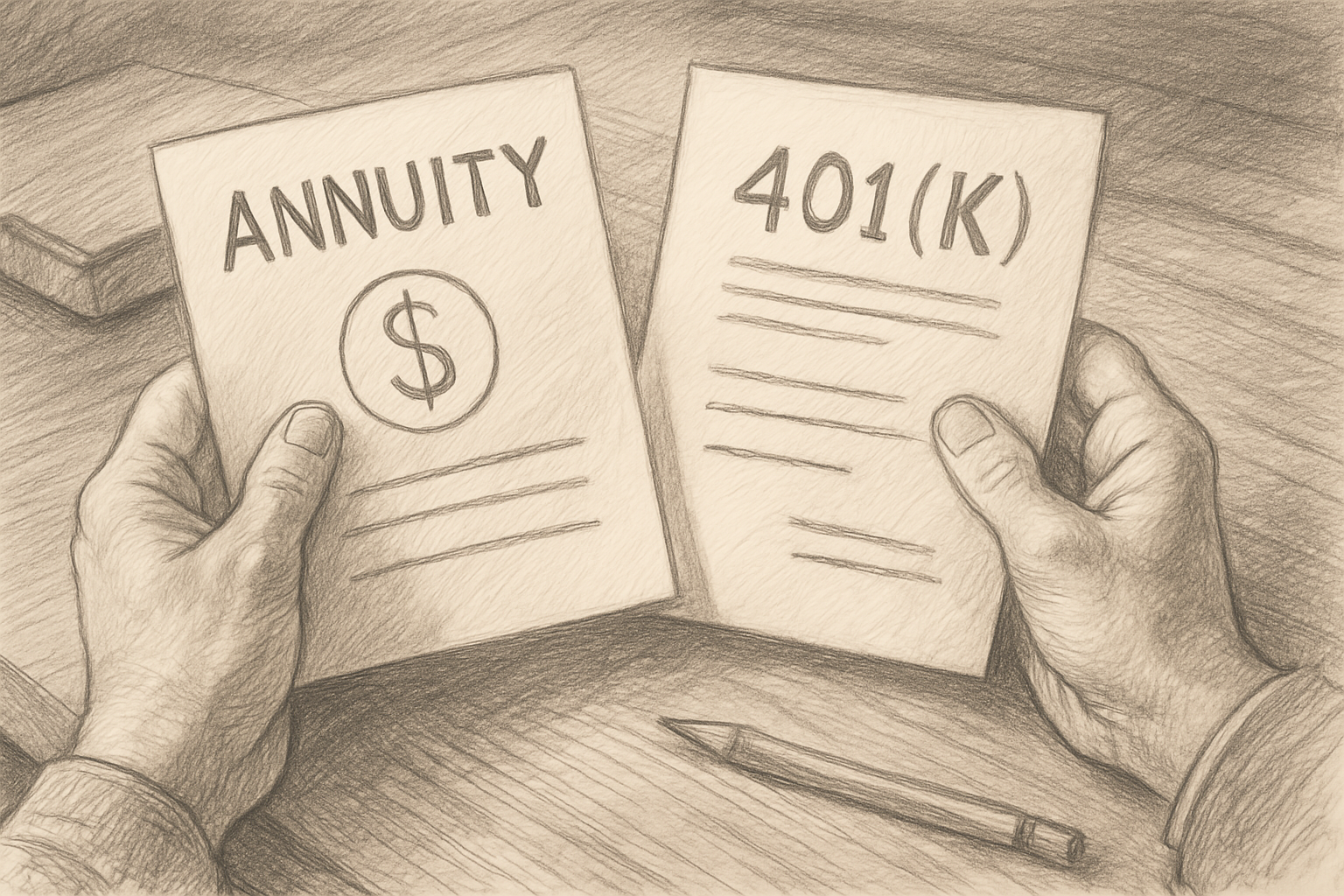 Hands holding annuity and 401k sketches